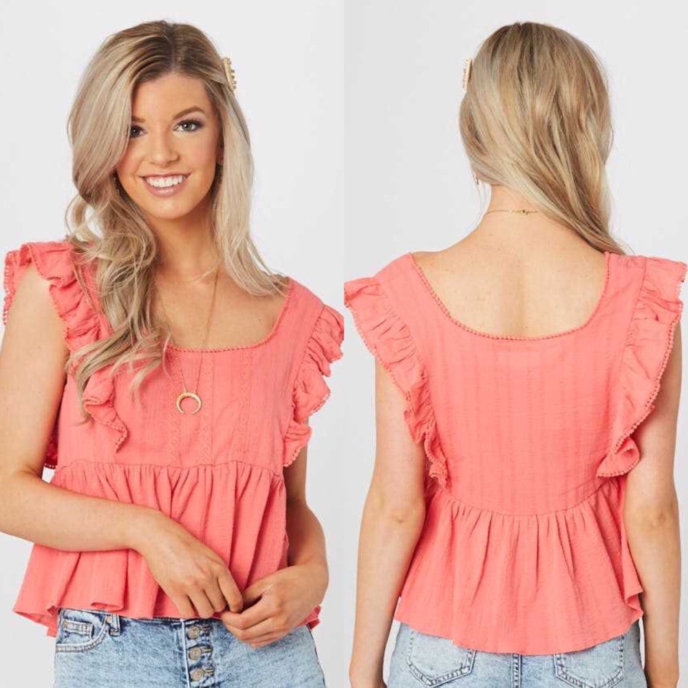 Sugar Coral Peplum Ruffle Sleeve Banyan Top - Picture 2 of 7